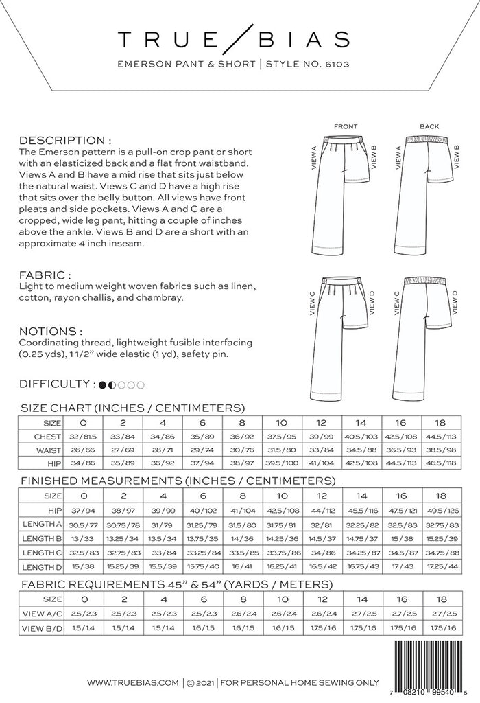True Bias Patterns / Emerson Pant and Short - Harmony