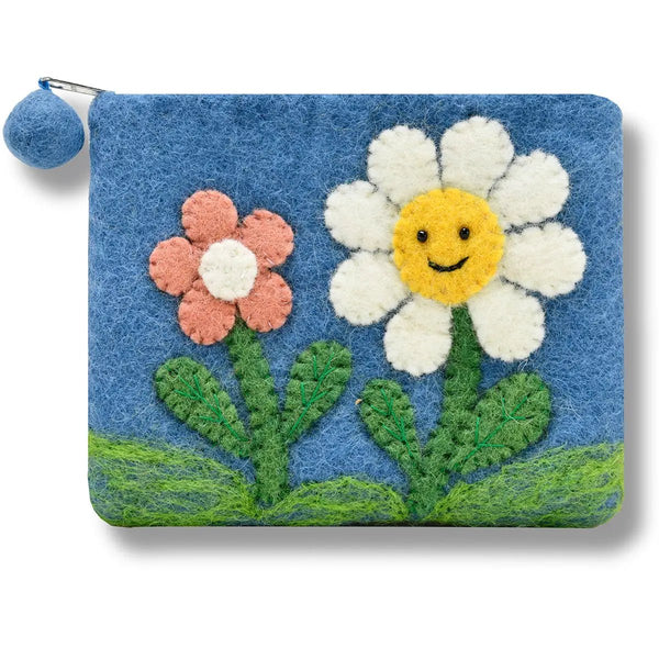 Wool Felt Coin Purse / Blue Flowers - Harmony