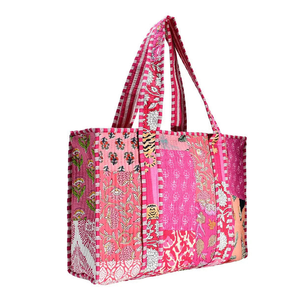 Large Patchworked Block Print Tote Bag / Pink - Harmony