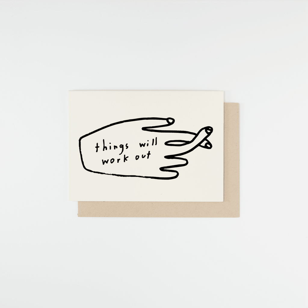 Motivational card with a hand holding a fish and text 'things will work out' on a white background.