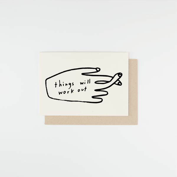 Motivational card with a hand holding a fish and text 'things will work out' on a white background.
