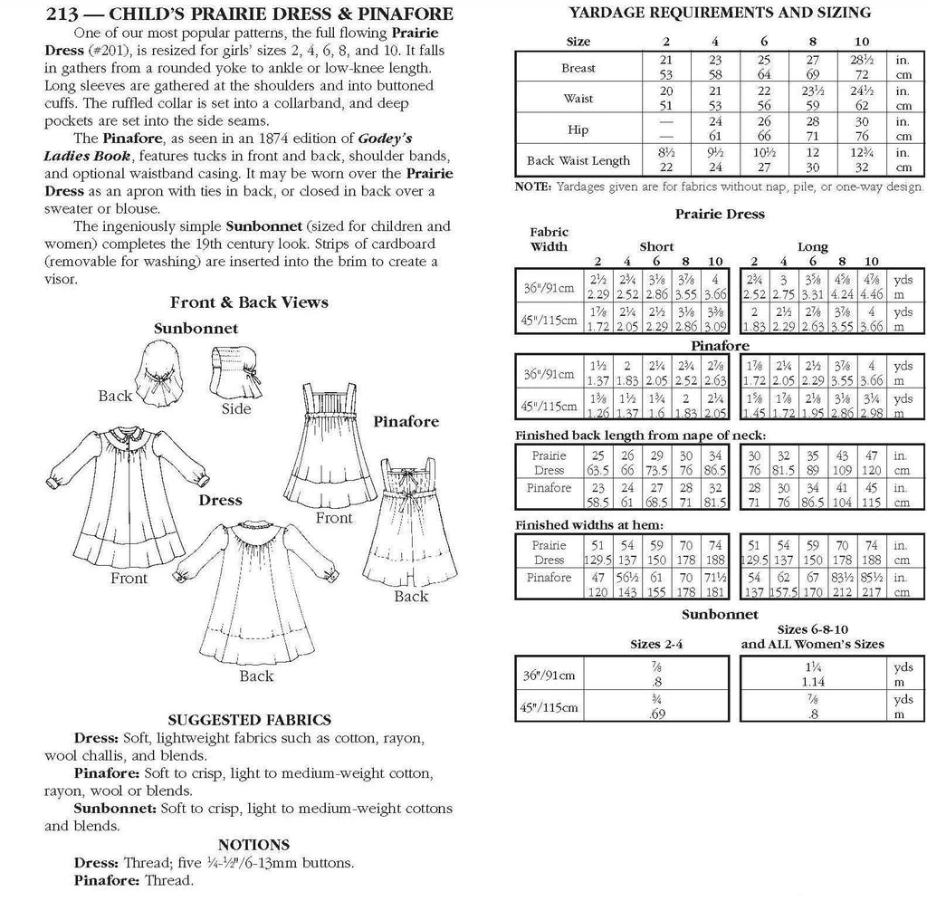 213 Child's Prairie Dress & Pinafore - Sewing Pattern - Harmony