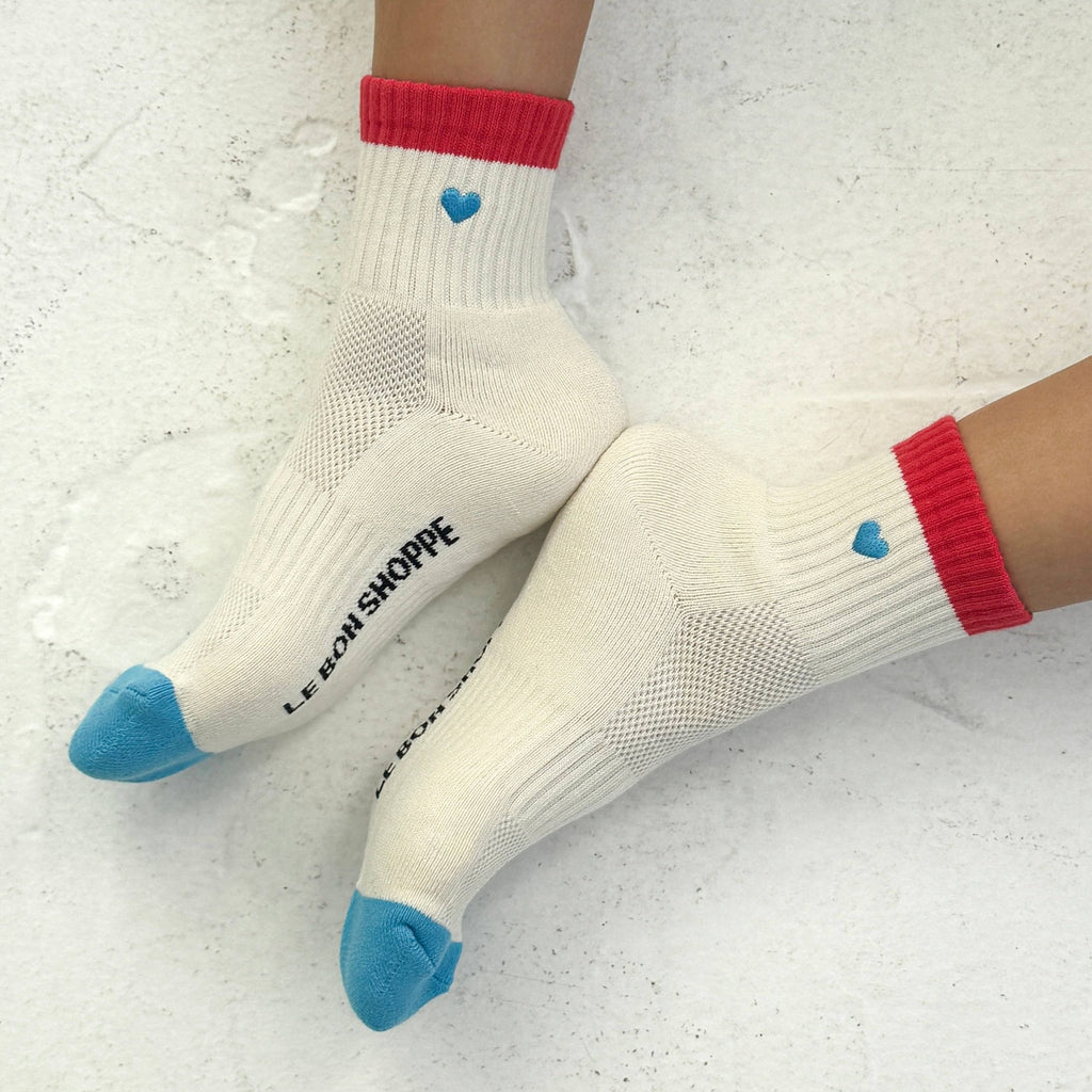 Embroidered Color Block Girlfriend Socks / Blue Red + Heart - Harmony