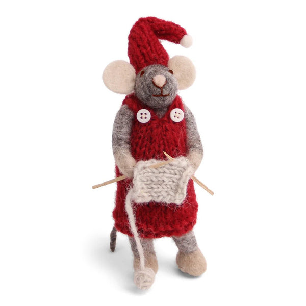 Grey Knitting Mouse Ornament - Harmony