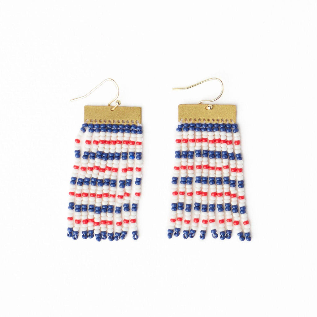 Scout Rectangle Hanger Mixed Horizontal Stripes Beaded Fringe Earrings / Red + Navy - Harmony