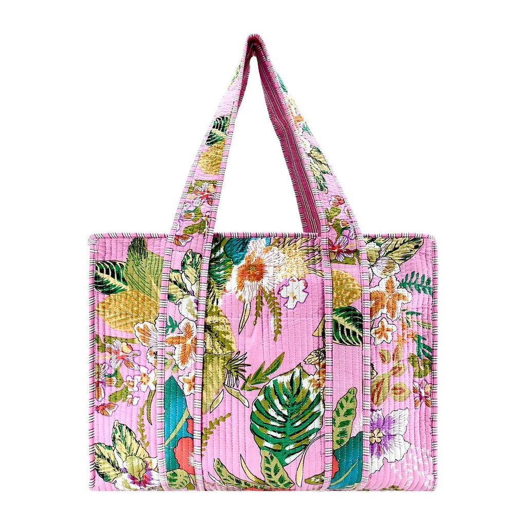 Large Cotton Block Print Tote Bag / Pink Tropical - Harmony