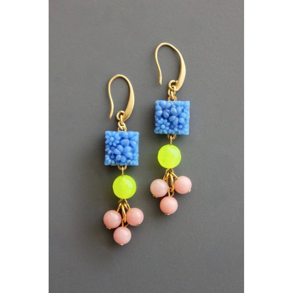 Vintage blue glass and pink cluster earrings - Harmony