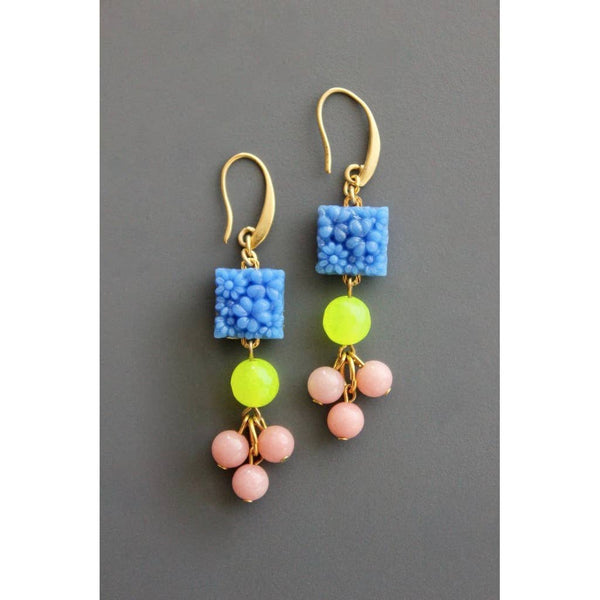 Vintage blue glass and pink cluster earrings - Harmony