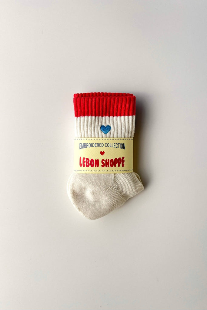 Embroidered Color Block Girlfriend Socks / Blue Red + Heart - Harmony