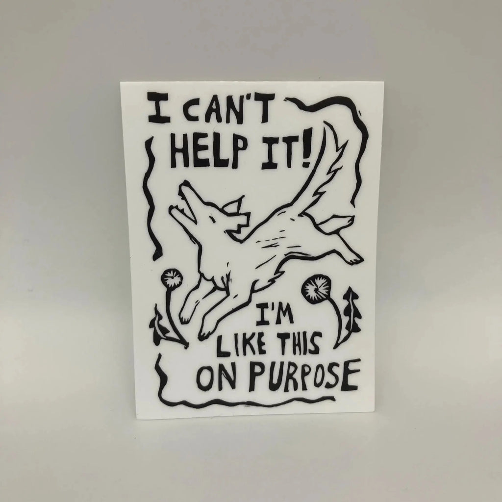 Sticker with a black and white illustration of a cat and text on a light gray background