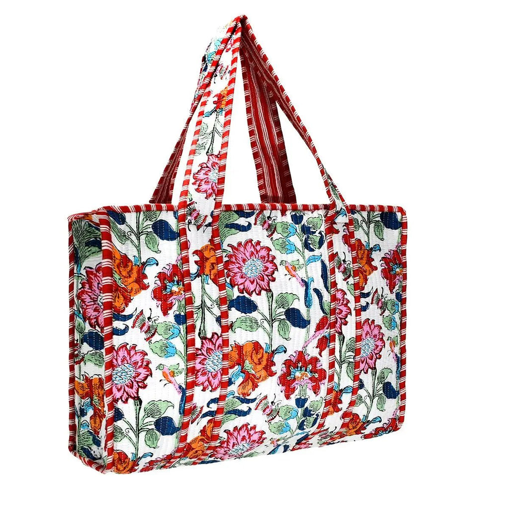 Large Cotton Block Print Tote Bag / Red Floral - Harmony