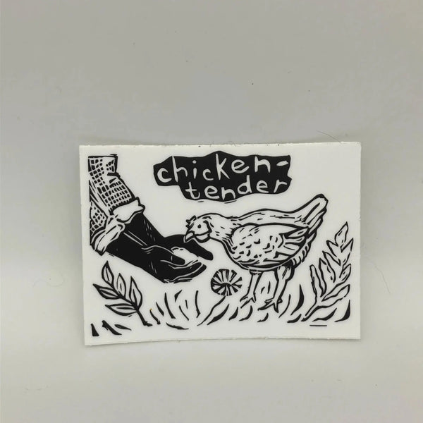 Sticker with illustration of a person and chicken with 'chicken tender' text on a gray background