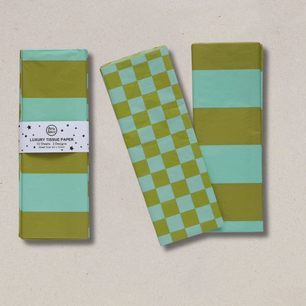 Luxury Tissue Paper Chequerboard/Stripe - Pale Olive/Turquoise - Harmony