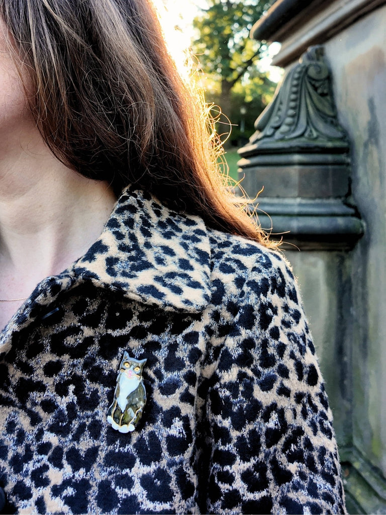 Hand - painted Tuxedo Cat Brooch - Harmony