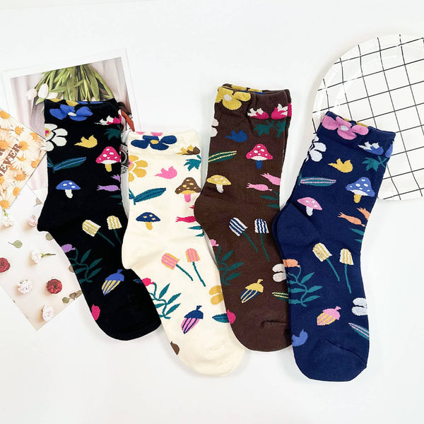 Women's Crew Mushroom Fleur Flower Socks - Harmony