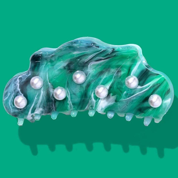 Large Claw Hair Clip / Turquoise with Pearl Beads - Harmony