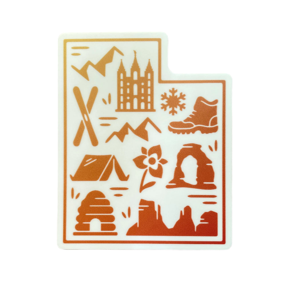 Sticker with camping and nature-themed icons on a beige background