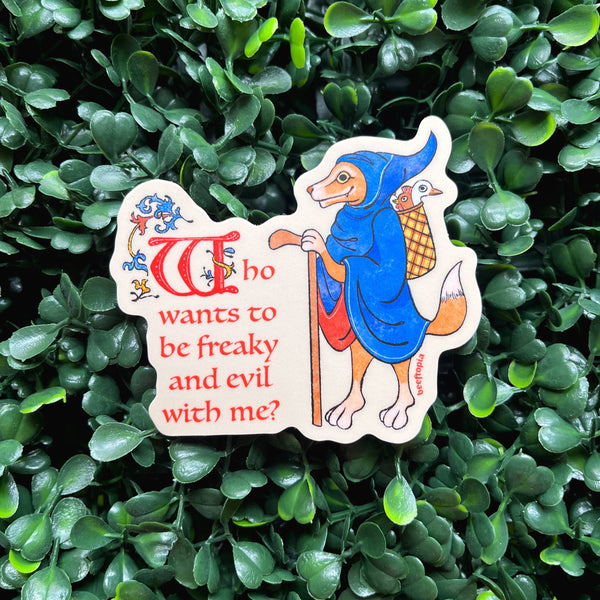 Cartoon character with text on a green leafy background