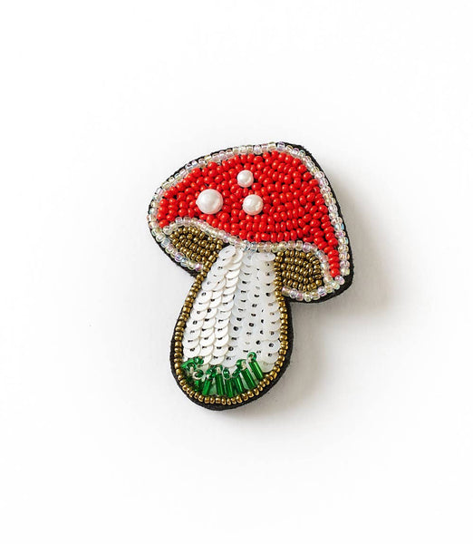 Bala Mani Beaded Mushroom Brooch Pin - Handmade - Harmony