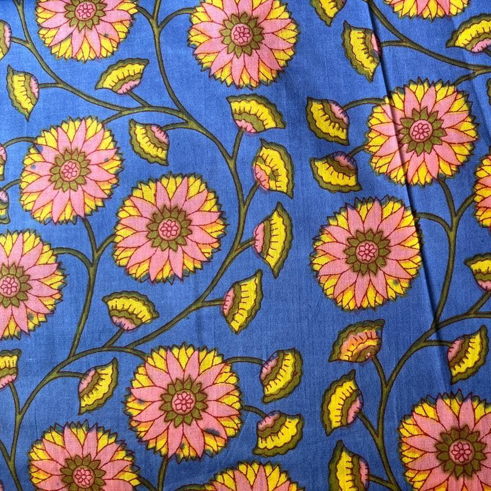 Pink and Blue Sunflower Block Printed Cotton - Harmony