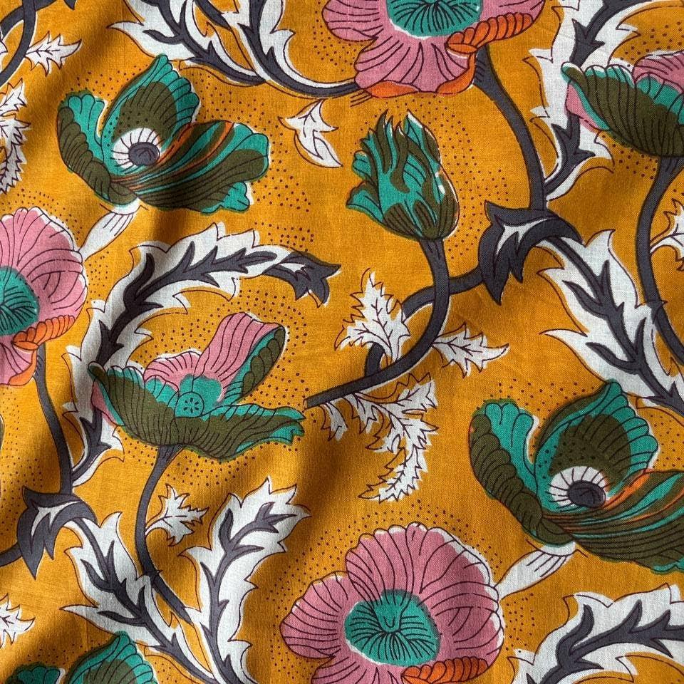 Orange Poppies Block Printed Cotton - Harmony