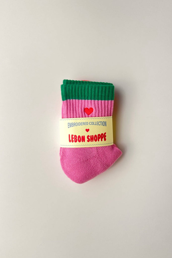 Embroidered Color Block Girlfriend Socks / Rose Green + Heart - Harmony