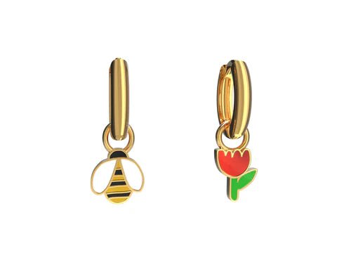 Mismatched Honeybee and Flower Hoop Earrings - Harmony