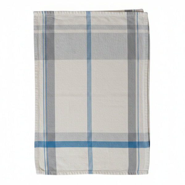 A plaid towel with a blue stripe on a white background