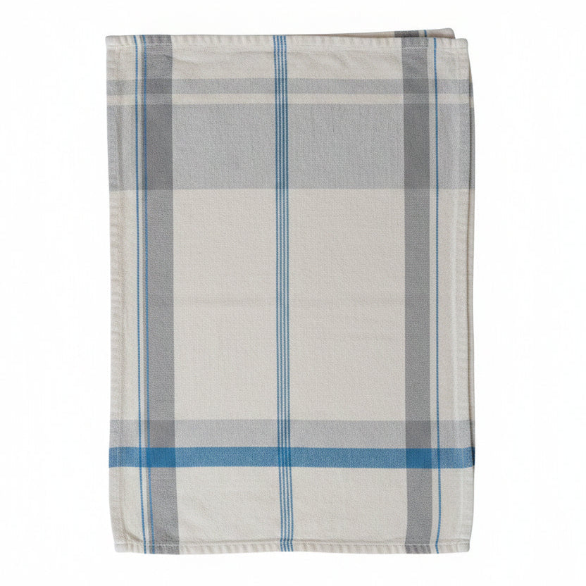 A plaid towel with a blue stripe on a white background