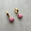 Gold earrings with pink gemstones on a light gray background