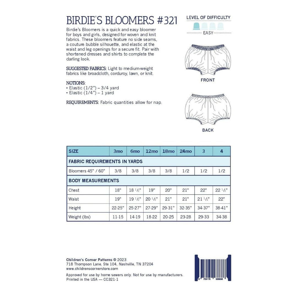 Children's Corner Patterns / Birdie's Bloomers / 3mo - 4 - Harmony