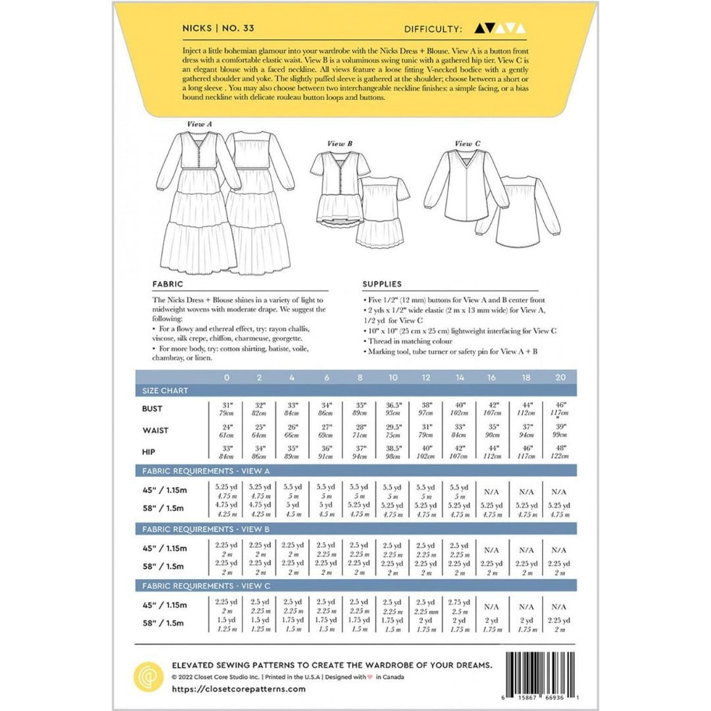 Closet Core Patterns / Nicks Dress and Blouse - Harmony