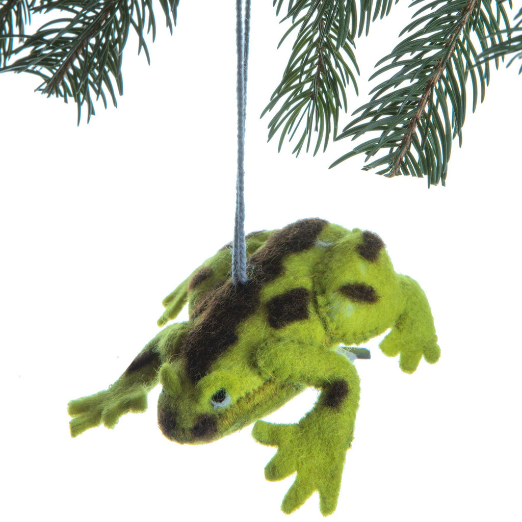 Green frog ornament hanging on a Christmas tree branch