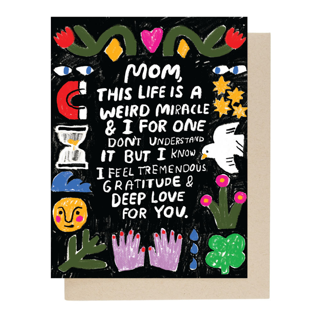 Greeting card with colorful text and illustrations on a black background