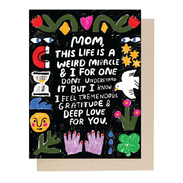 Greeting card with colorful text and illustrations on a black background