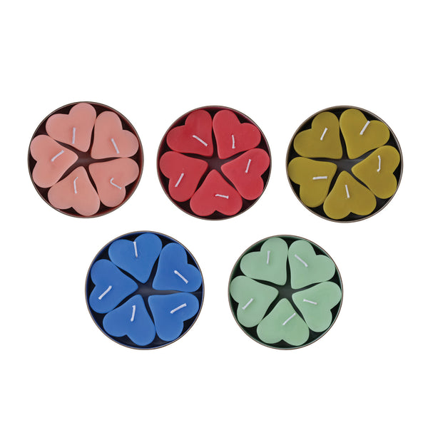 Unscented Heart Shaped Candles in Box, Set of 5, 5 Colors (Est. Burn Time 4 Hours)