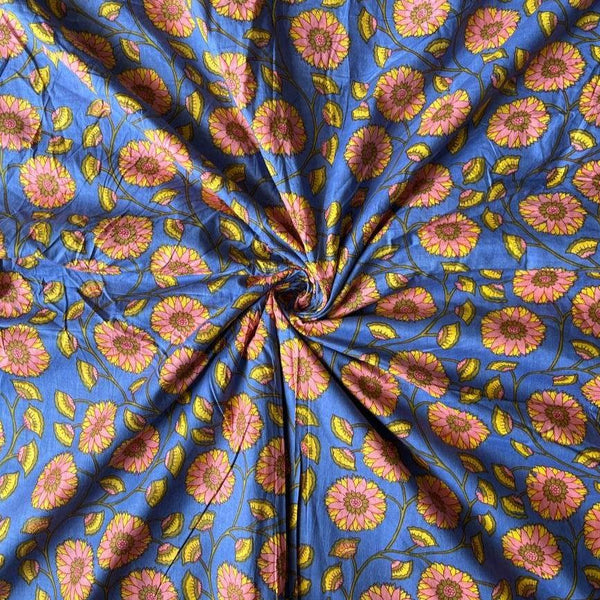 Pink and Blue Sunflower Block Printed Cotton - Harmony