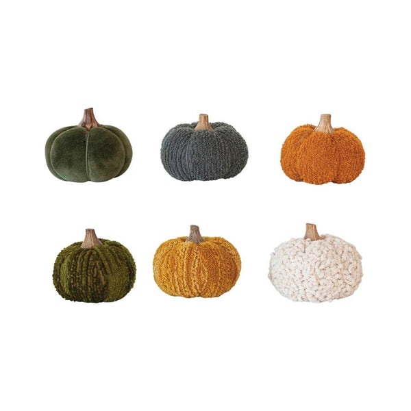 Small Cotton Blend Bouclé/Velvet Pumpkin w/ Wood Stem, 6 Styles - Harmony