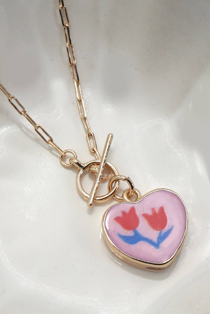 Porcelain Flower Heart Charm Toggle Necklace - Harmony