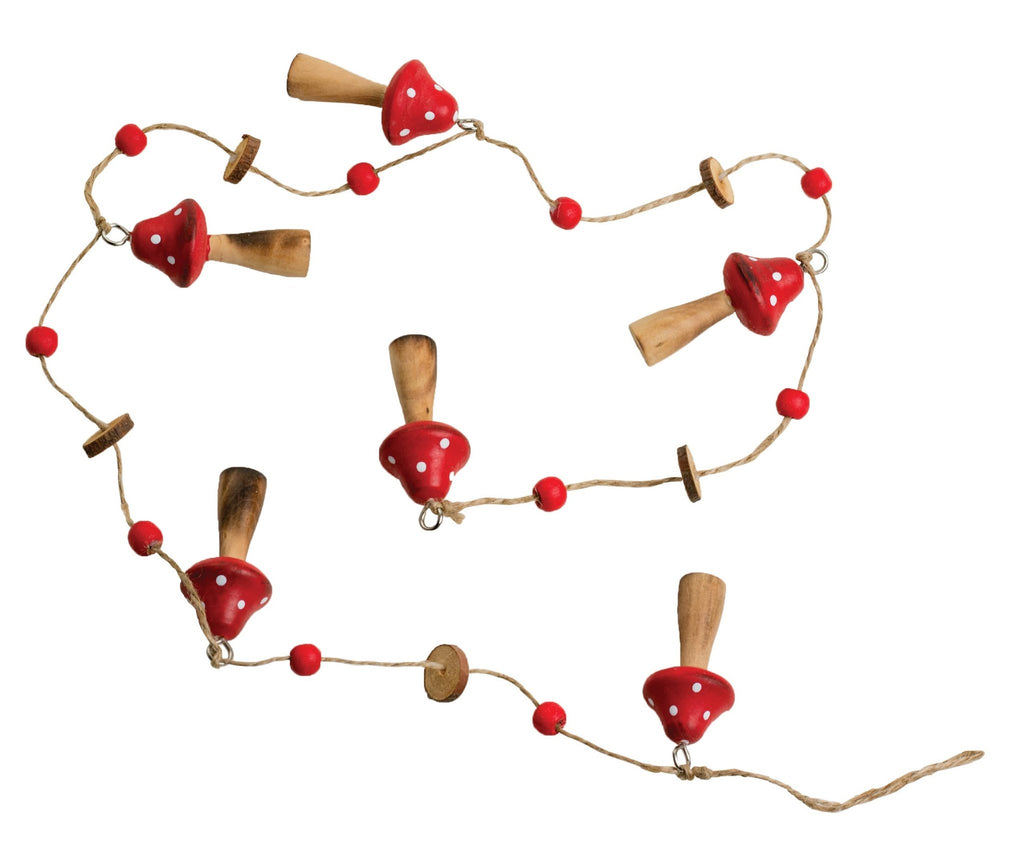 A24759 - Painted wood Mushroom garland w/beads 39.25in - Harmony