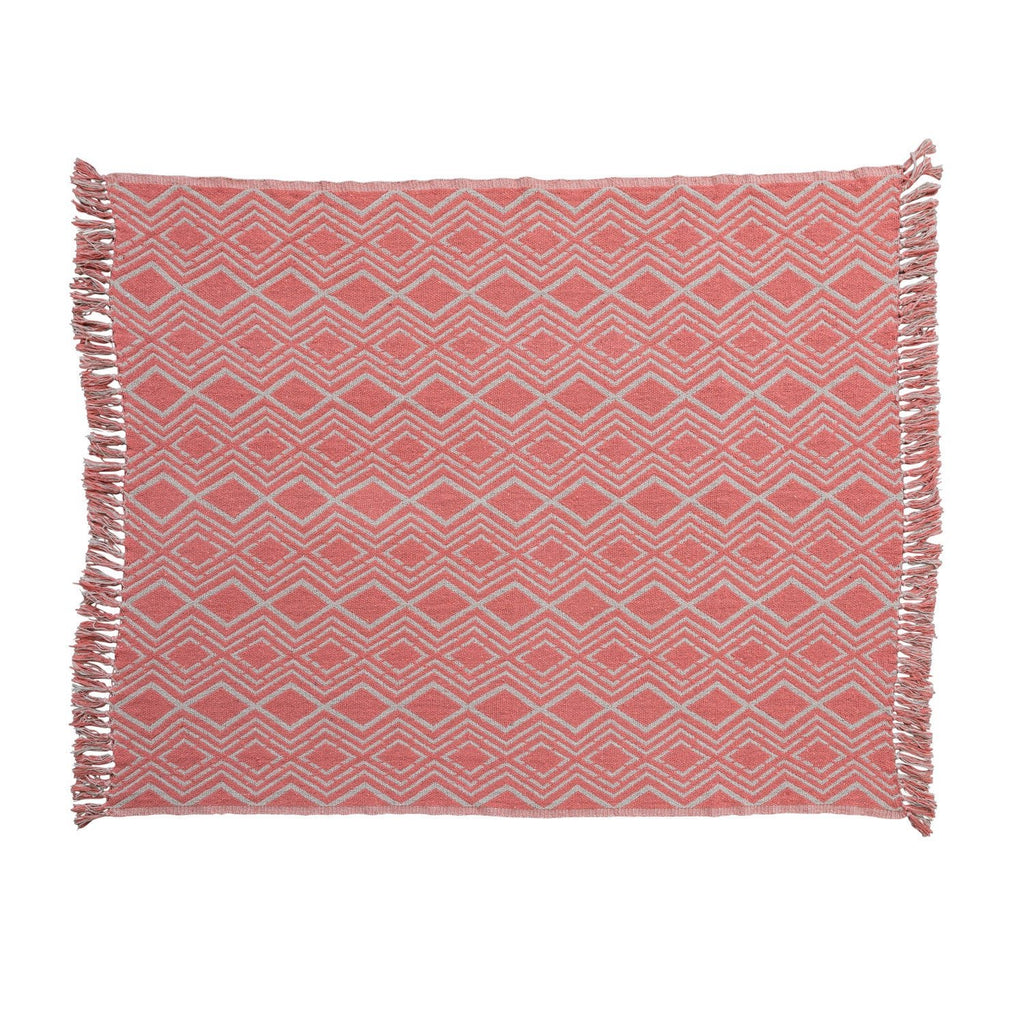 Recycled Cotton Blend Printed Throw w/ Geometric Pattern & Fringe, Pink & Natural - Harmony