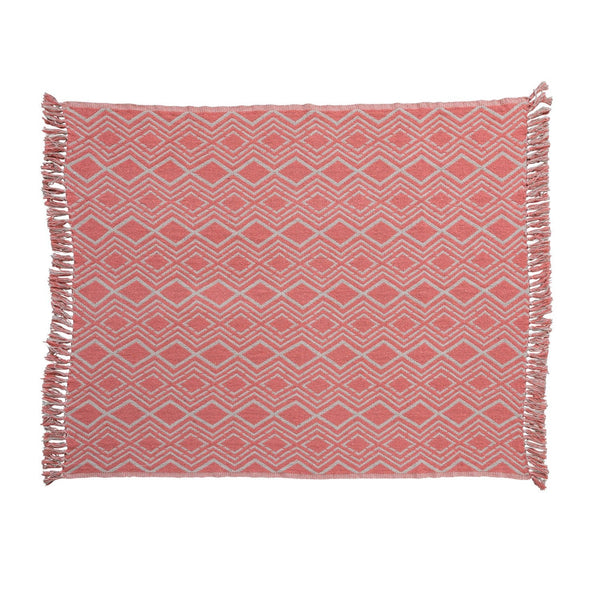 Recycled Cotton Blend Printed Throw w/ Geometric Pattern & Fringe, Pink & Natural - Harmony