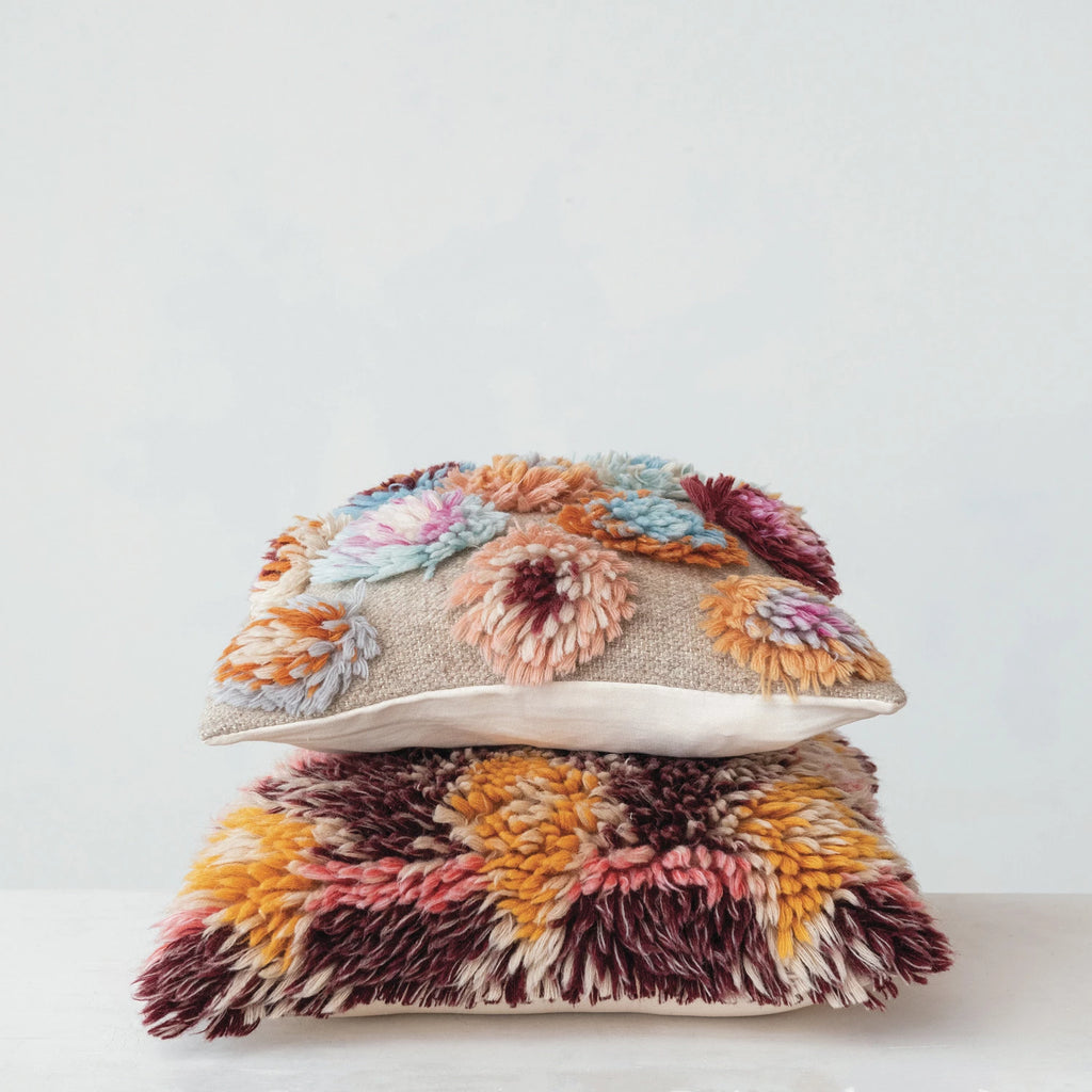 New Zealand Wool Shag & Cotton Pillow with Tufted Circles - Harmony