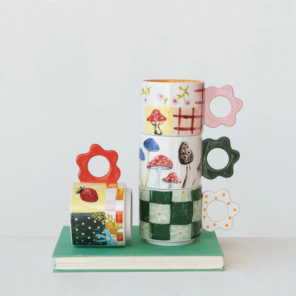 Hand - Painted Stoneware Mug with Flower Shaped Handle - Harmony