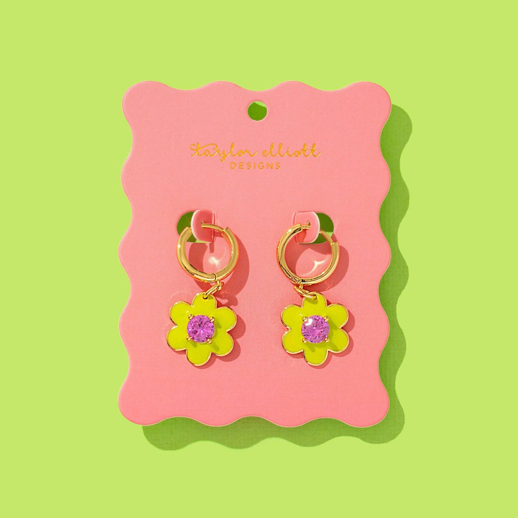 Green Flower Huggie Earrings - Harmony