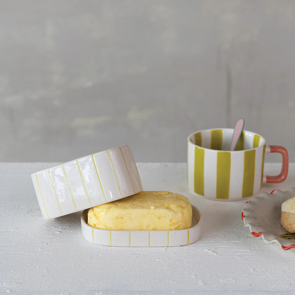 Hand - Painted Stoneware Striped Butter Dish - Harmony