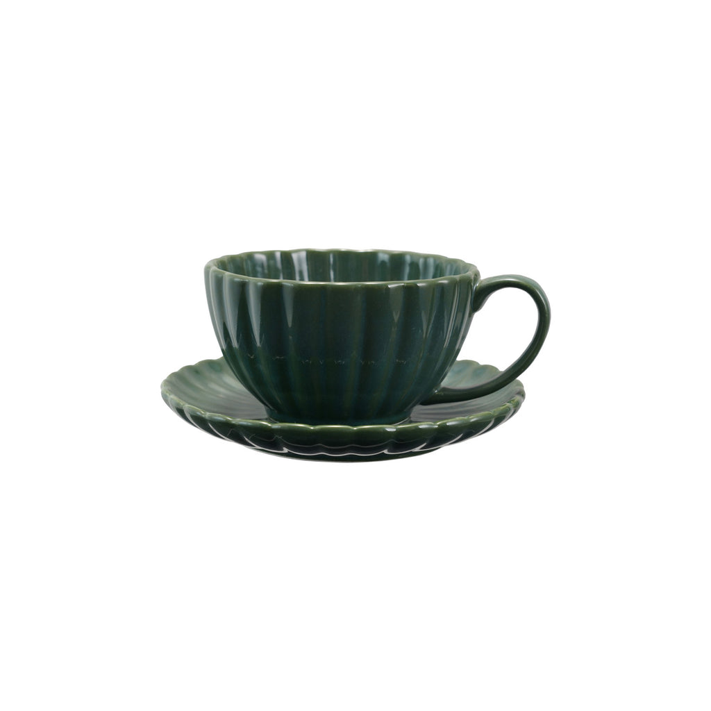 10 oz. Stoneware Ribbed Mug w/ Saucer, Reactive Glaze, Set of 2 (Each One Will Vary)