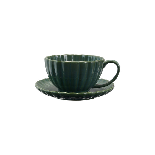 10 oz. Stoneware Ribbed Mug w/ Saucer, Reactive Glaze, Set of 2 (Each One Will Vary)