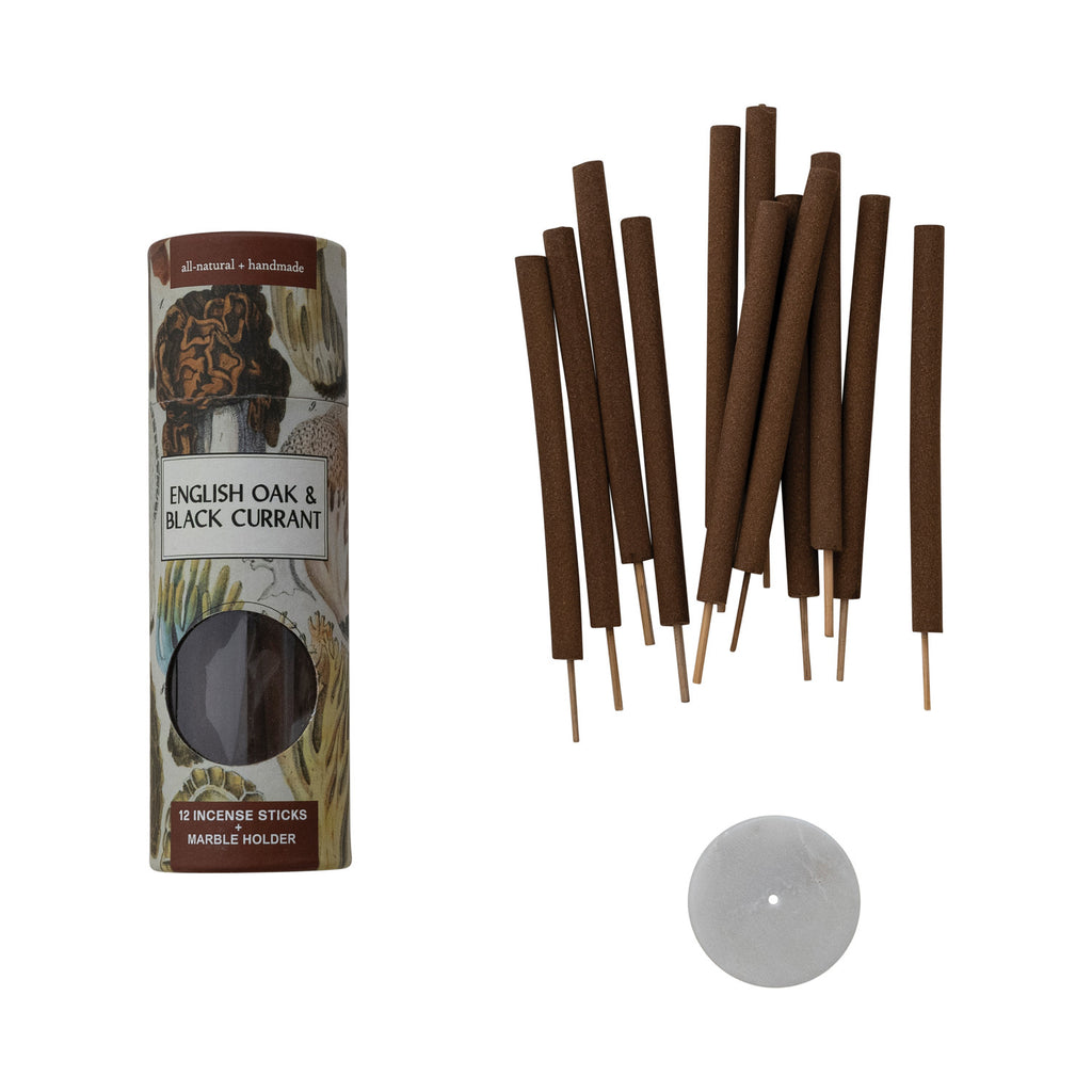 12 Piece English Oak & Black Currant Scented Incense Sticks with Holder, Set of 13