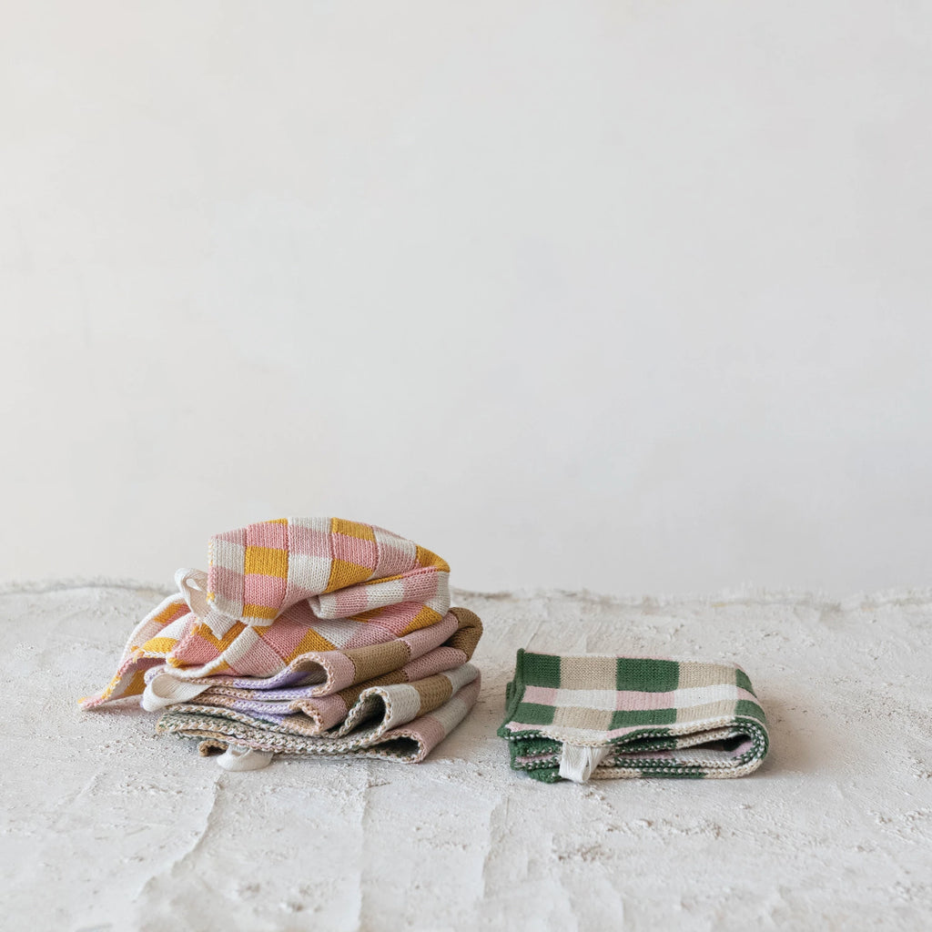 Plaid Knit Dish Cloth / Green and Pink Gingham - Harmony